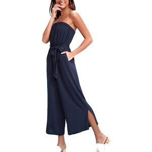 Lulu's Darlene Navy Blue Lightweight and Airy Strapless Culotte Jumpsuit